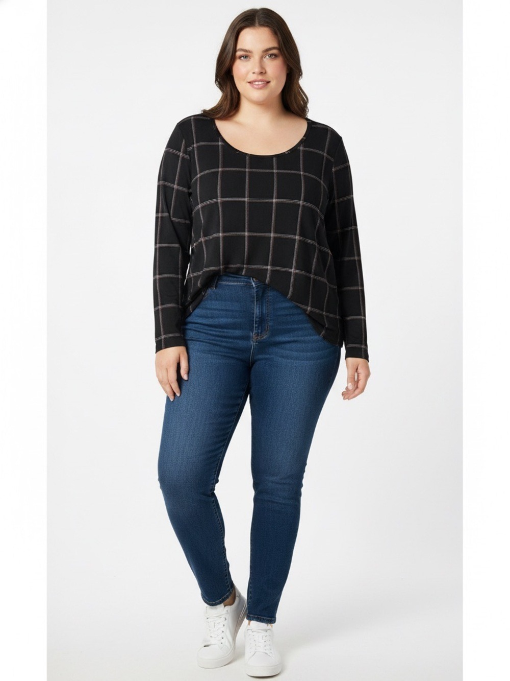Penningtons Black Long Sleeve Scoop Neck Top with Pink Windowpane size 4x